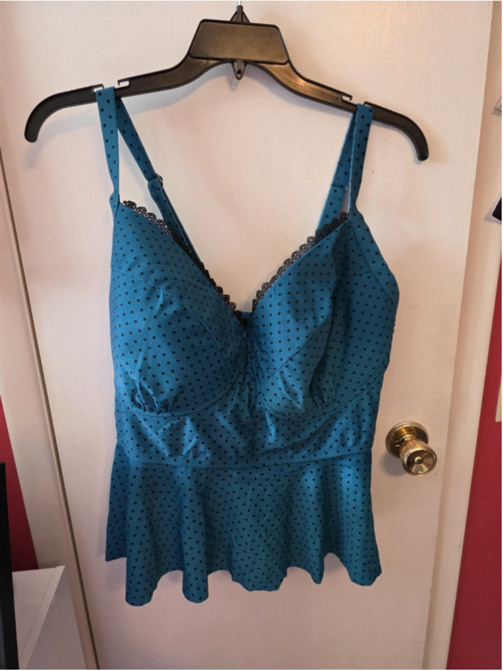 Terra & Sky Womens Tankini Swim Top Size 4X Blue Black Polka Dot